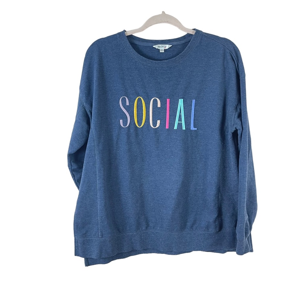 WILDFOX womens size M Social embroidered navy blue crew neck sweatshirt